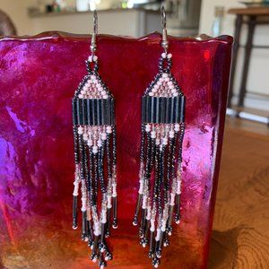 Handmade Beaded Earrings - Metallic Black, Silver & Cream Colored
